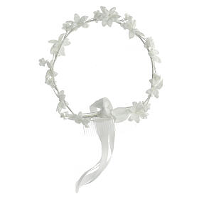 Corona blanca vestido de la Primera Comunión perlas y flores