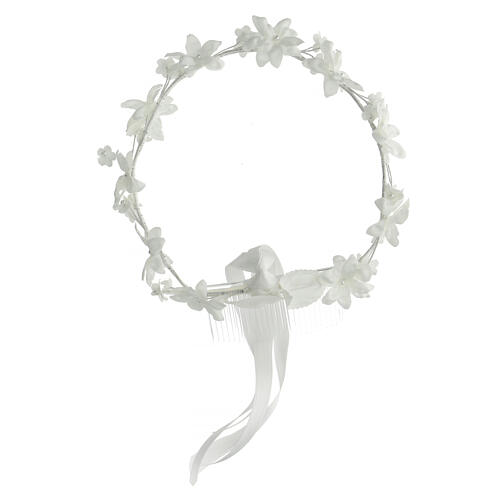 Corona blanca vestido de la Primera Comunión perlas y flores 1