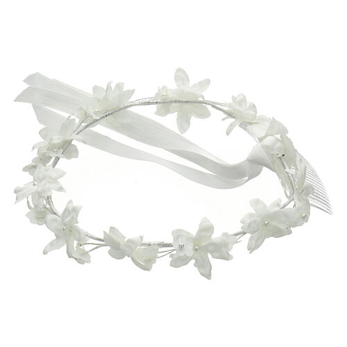 Corona blanca vestido de la Primera Comunión perlas y flores 3
