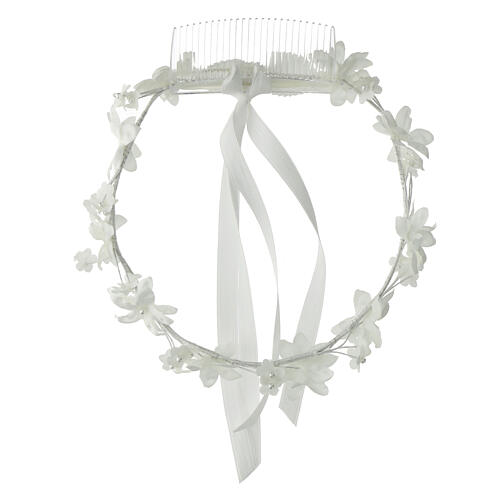 Corona blanca vestido de la Primera Comunión perlas y flores 5
