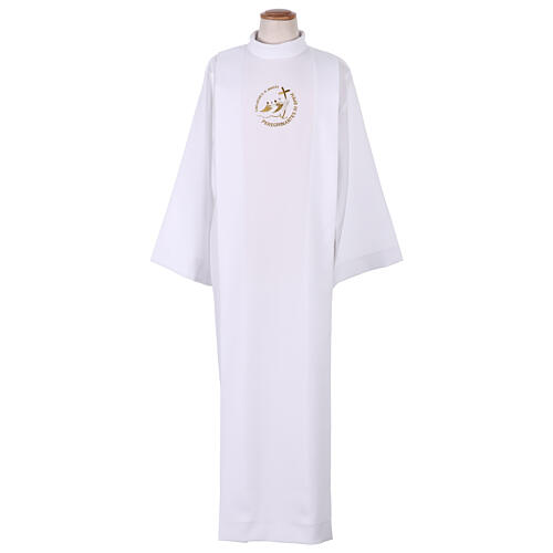 White First Communion alb with 2025 Jubilee logo in Latin, front and back pleats 1