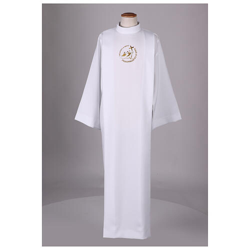 White First Communion alb with 2025 Jubilee logo in Latin, front and back pleats 2