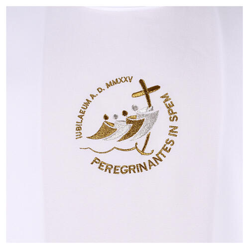 White First Communion alb with 2025 Jubilee logo in Latin, front and back pleats 3