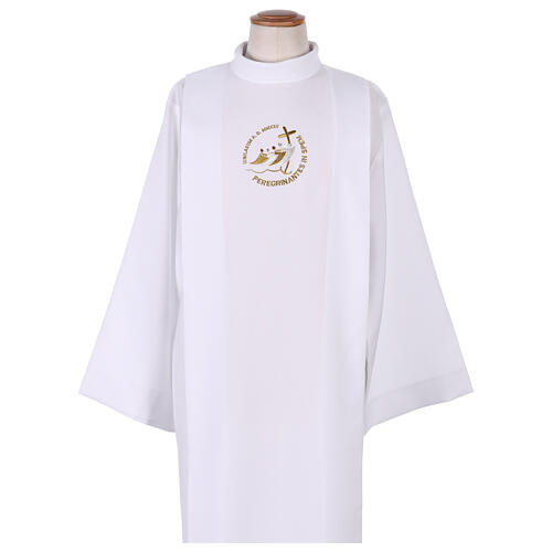 White First Communion alb with 2025 Jubilee logo in Latin, front and back pleats 4