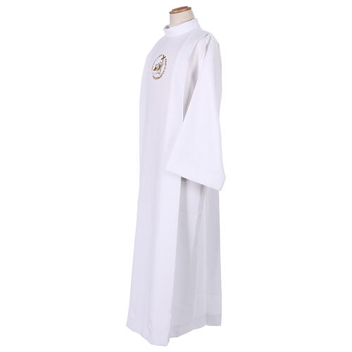 White First Communion alb with 2025 Jubilee logo in Latin, front and back pleats 5