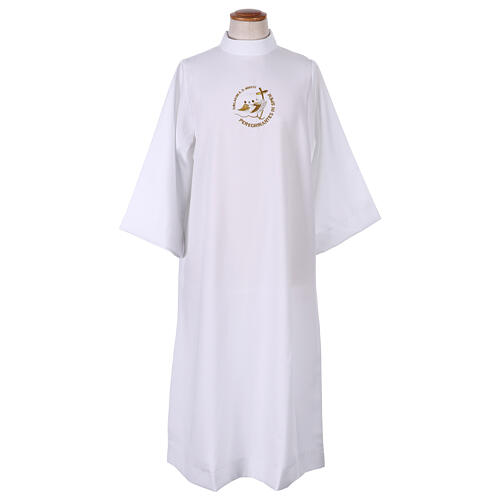 White First Communion flared alb with embroidered official logo of Jubilee 2025 in Latin 1