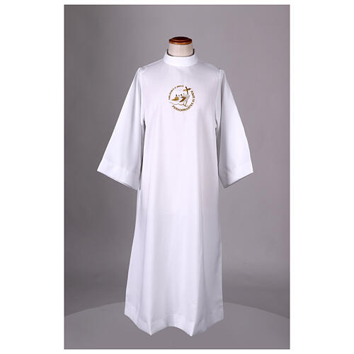 White First Communion flared alb with embroidered official logo of Jubilee 2025 in Latin 2