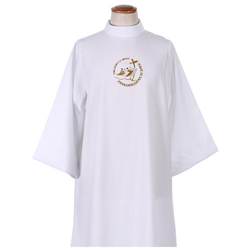 White First Communion flared alb with embroidered official logo of Jubilee 2025 in Latin 4