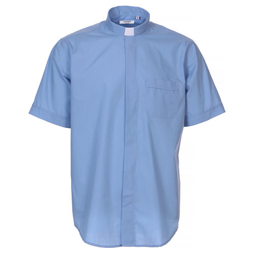 Camisa de sacerdote manga curta misto algodão azul claro In Primis 1