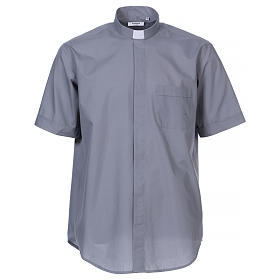Short-sleeved clergy shirt in light grey cotton blend In Primis
