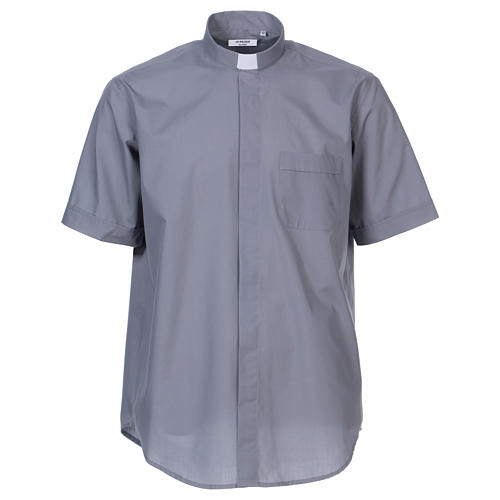 Short-sleeved clergy shirt in light grey cotton blend In Primis 1