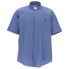 Clergical shirt, blue fil à fil cotton, short sleeves