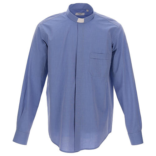 Clergical shirt, blue fil à fil cotton, long sleeves 1