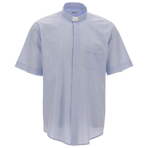 Clergical shirt, light blue fil à fil cotton, short sleeves 1