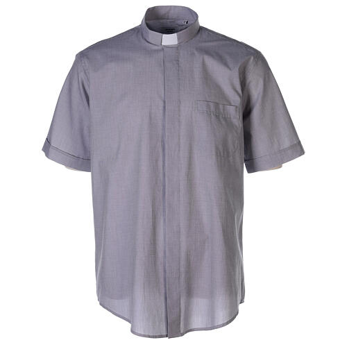 Clergical shirt, light grey fil à fil cotton, short sleeves 1