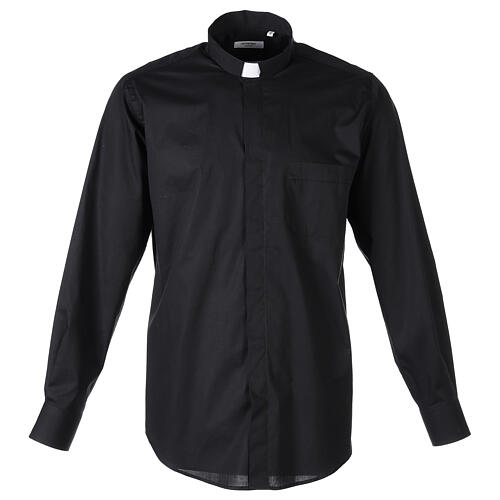 Stretch clergy shirt In Primis, black cotton, long sleeves 1