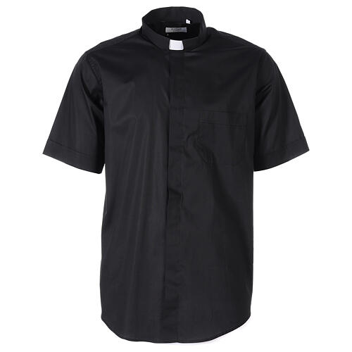 Stretch clergy shirt In Primis, black cotton, short sleeves 1
