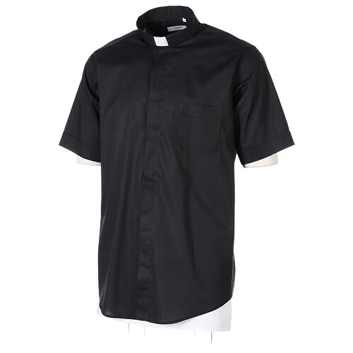 Black clergy shirt stretch cotton short sleeve 3