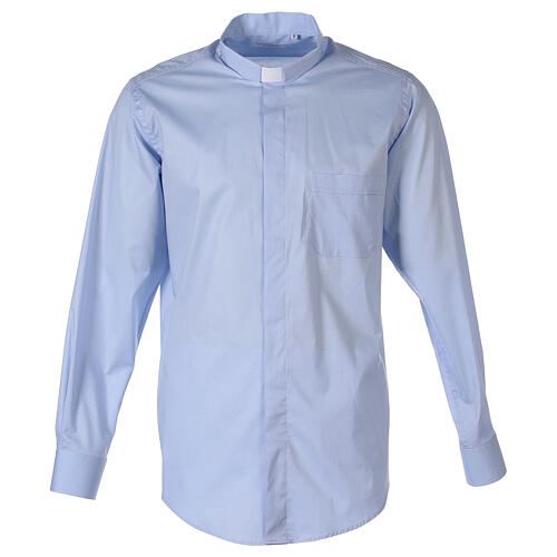 Stretch clergy shirt In Primis, light blue cotton, long sleeves 1