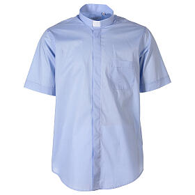 Stretch clergy shirt In Primis, light blue cotton, short sleeves