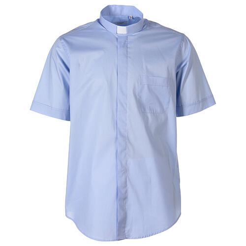 Stretch clergy shirt In Primis, light blue cotton, short sleeves 1