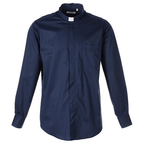 Stretch clergy shirt In Primis, blue cotton, long sleeves 1