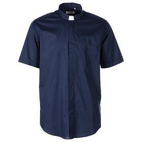 Stretch clergy shirt In Primis, blue cotton, short sleeves