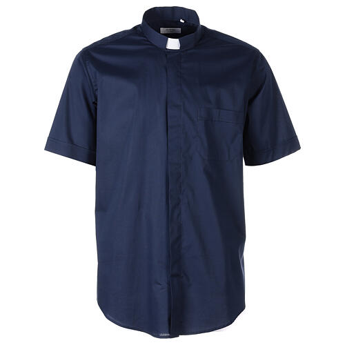 Stretch clergy shirt In Primis, blue cotton, short sleeves 1