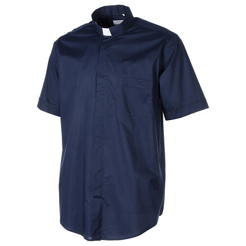 Stretch clergy shirt In Primis, blue cotton, short sleeves 3