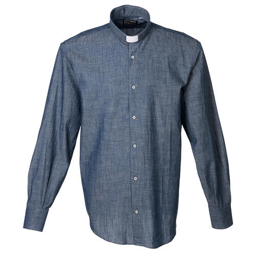 Long-sleeved clergy shirt, light blue denim Cococler 1