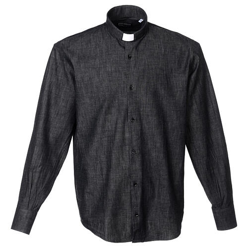Long-sleeved clergy shirt, dark blue denim Cococler 1