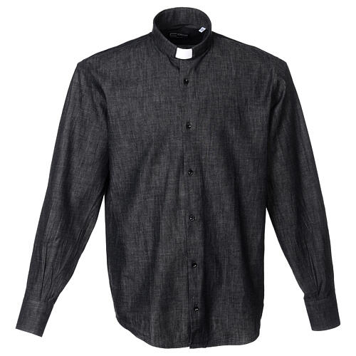 Camicia collo clergy manica lunga Denim Scuro Cococler 1
