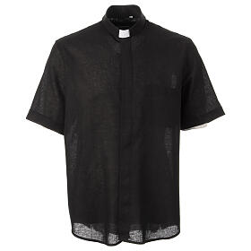 Camisa de sacerdote preta mistura de linho manga curta CocoCler