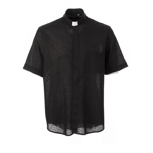 Camisa de sacerdote preta mistura de linho manga curta CocoCler 1