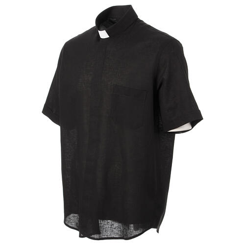 Camisa de sacerdote preta mistura de linho manga curta CocoCler 3