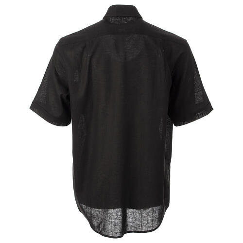 Camisa de sacerdote preta mistura de linho manga curta CocoCler 5