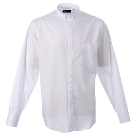 Camisa branca lisa CocoCler colarinho romano manga comprida algodão