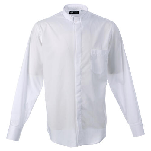 Camisa branca lisa CocoCler colarinho romano manga comprida algodão 1