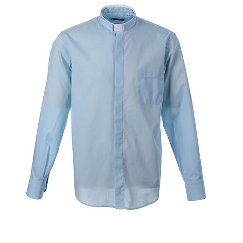 Camicia azzurra collo romano cotone manica lunga Coco Cler  1