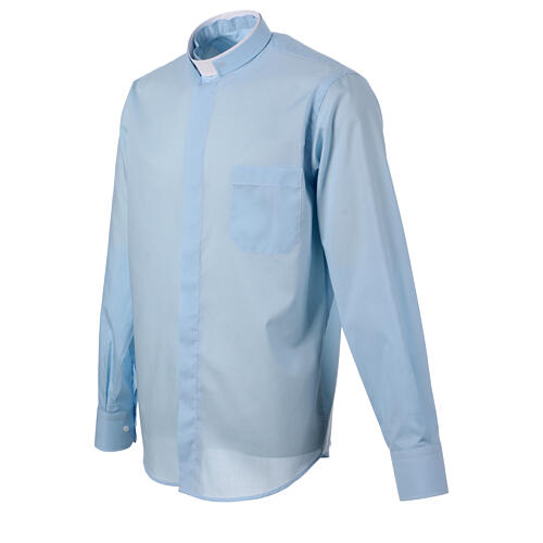 Camicia azzurra collo romano cotone manica lunga Coco Cler  3