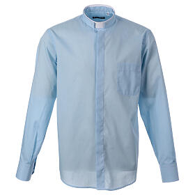 Camisa azul claro colarinho romano algodão manga comprida CocoCler