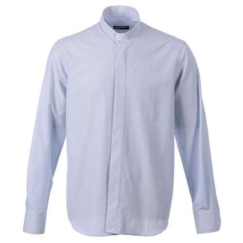 Camisa azul claro colarinho sacerdote manga comprida mistura de algodão CocoCler 1
