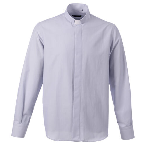 Blue striped shirt with clergy collar, long sleeves, polycotton, CocoCler 1
