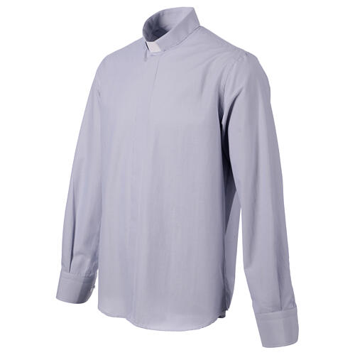 Camisa azul escuro colarinho sacerdote manga comprida mistura de algodão CocoCler 3