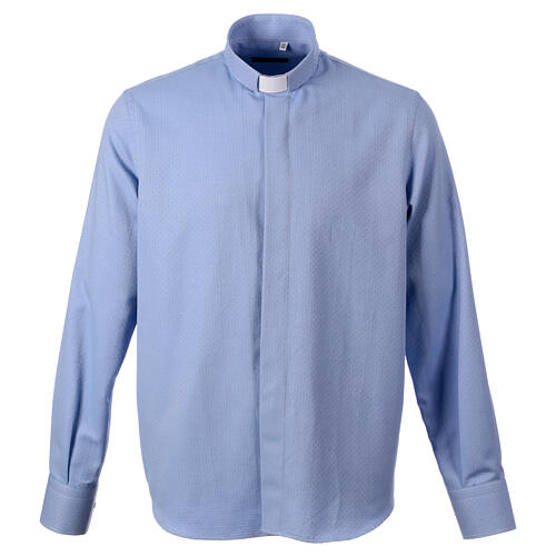 CocoCler cotton blend light blue long sleeve patterned shirt with clergy collar 1
