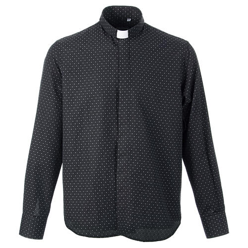 Long-sleeved black clergy shirt with geometric pattern, cotton blend, CocoCler 1