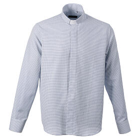 Long-sleeved clergy shirt with blue cross pattern, cotton blend, CocoCler