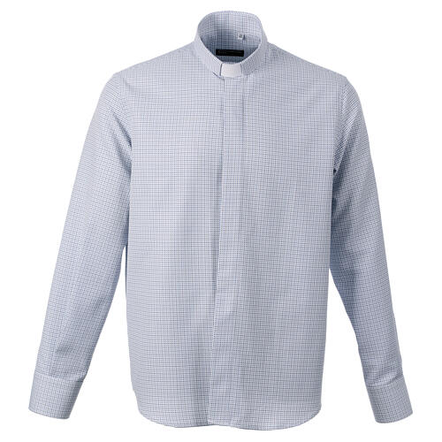 Long-sleeved clergy shirt with blue cross pattern, cotton blend, CocoCler 1
