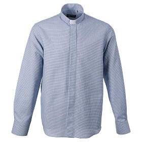 Long-sleeved clergy shirt with blue checked pattern, polycotton, CocoCler