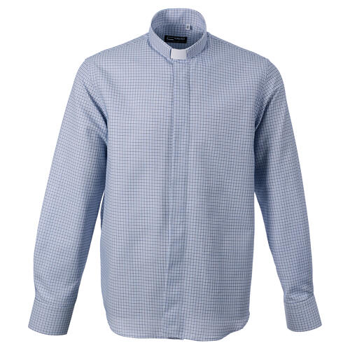 Long-sleeved clergy shirt with blue checked pattern, polycotton, CocoCler 1